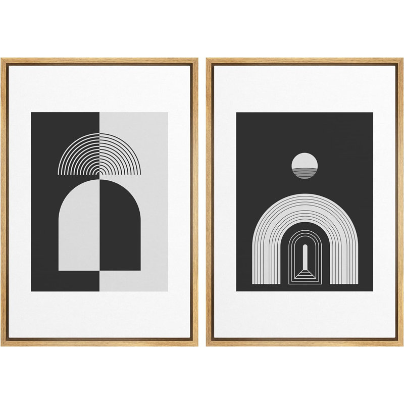 Mid-Century noir et blanc avec spirales en spirale, formes abstraites et minimalistes, Cadre naturel flottant