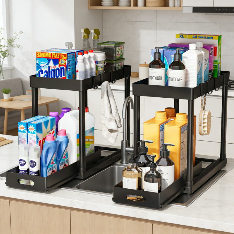 Rangement coulissant sous évier, ensemble de 2 tiroirs coulissants polyvalents pour armoires de cuisine et de salle de bain, installation sans outils, conception antidérapante et robuste