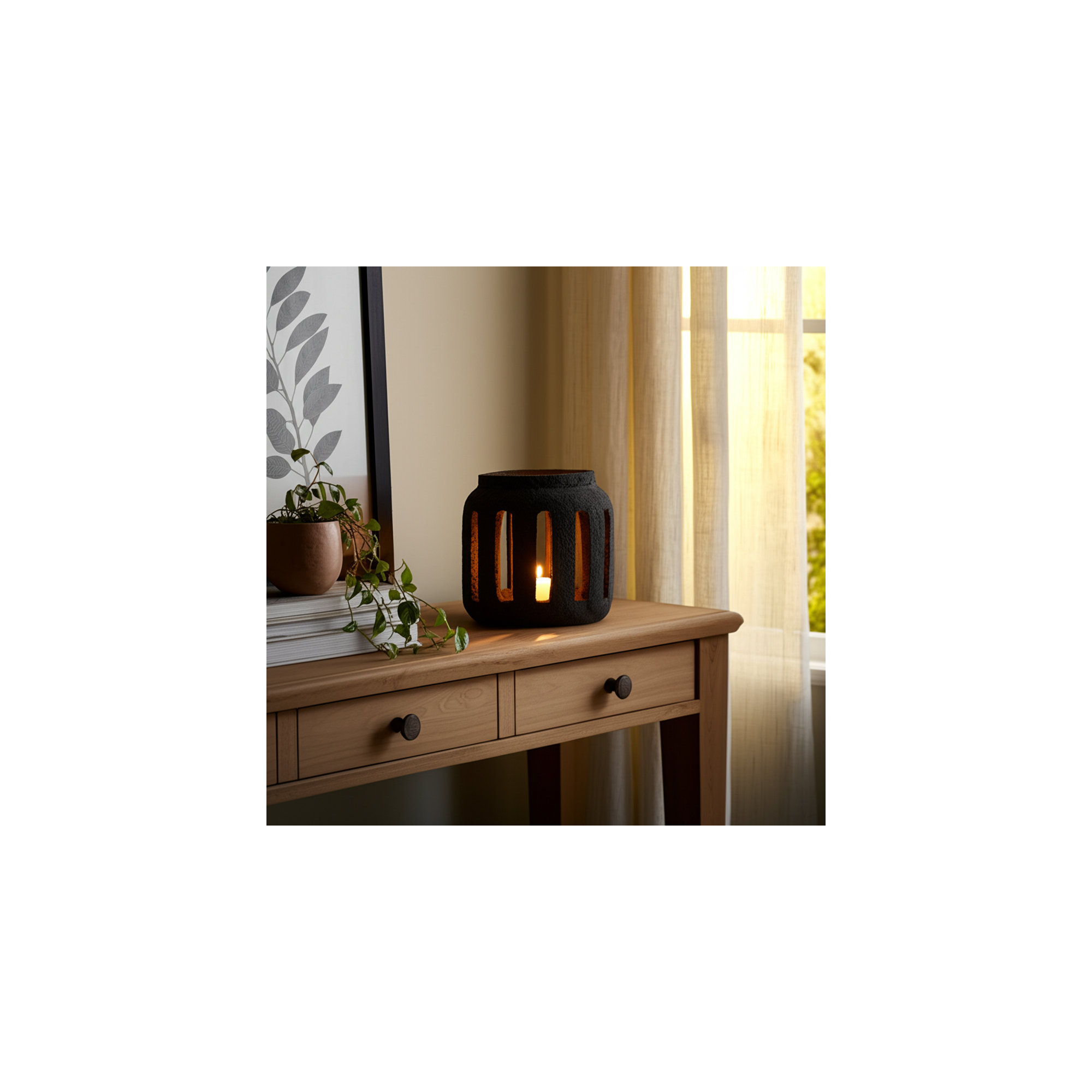 10" Round Lantern Hurricane With Open Slats,  9.5" H x 10" W x 10" D, Black