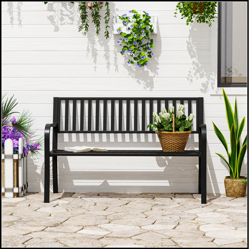 Élégant banc de jardin extérieur de 50 pouces avec siège à lattes et structure en métal pour la détente dans la cour, la piscine et la pelouse