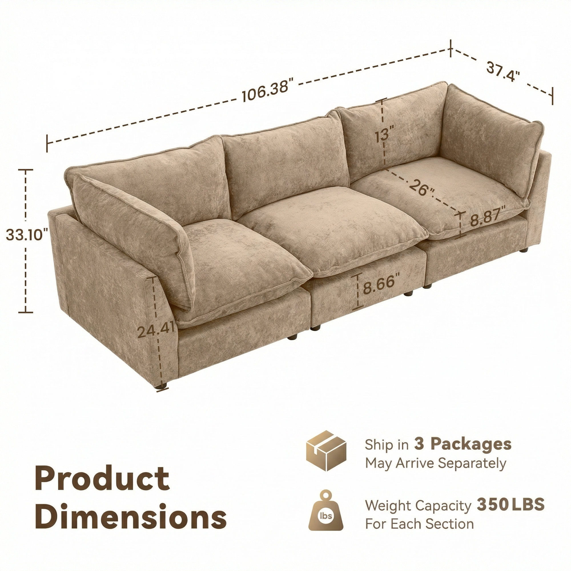 Eagan 106" 3 - Piece Modular Sofa, Khaki Chenille