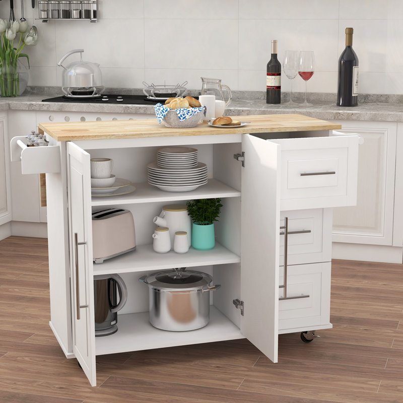 Îlot de cuisine avec support à épices, porte-serviettes et plateau de table en bois massif extensible, Blanc