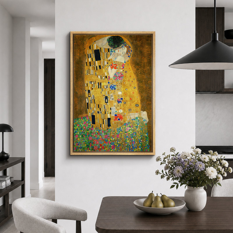 Célèbre œuvre d'art «The Kiss» par Gustav Klimt, H 36 po x l 24 po, Reproduction avec cadre flottant, Naturel