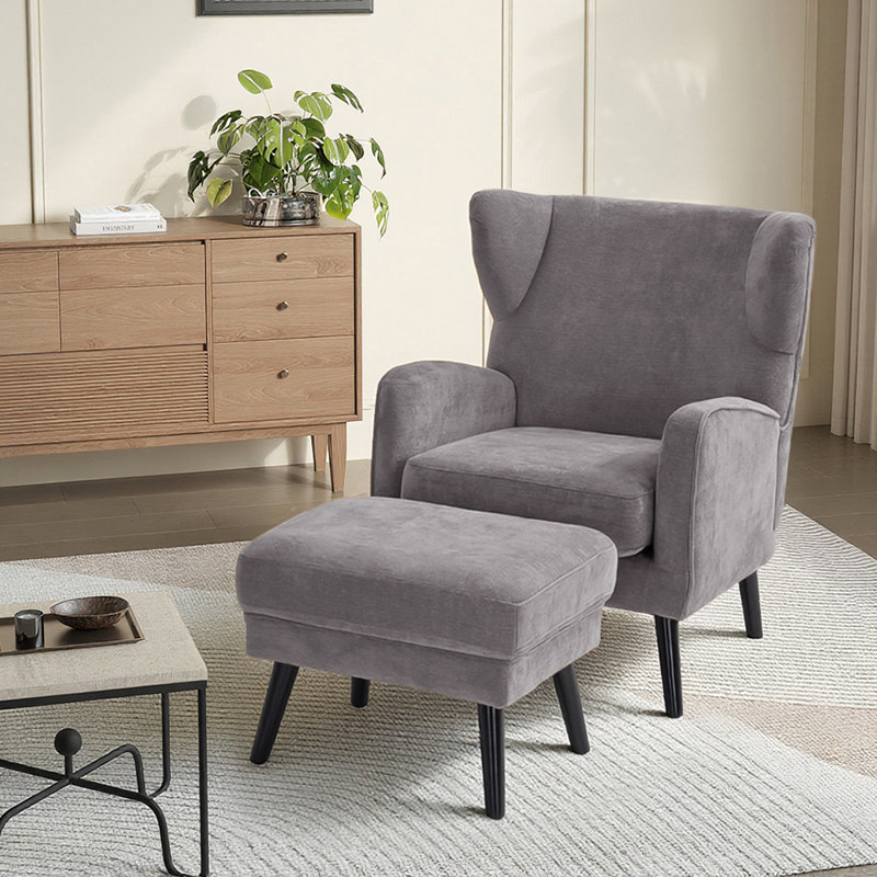 Upholstered Wingback Chair with Footstool, Grey Velvet