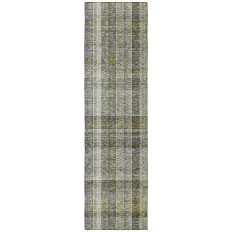 8' Runner Gray Plaid Washable Non Skid Indoor Outdoor Runner Rug