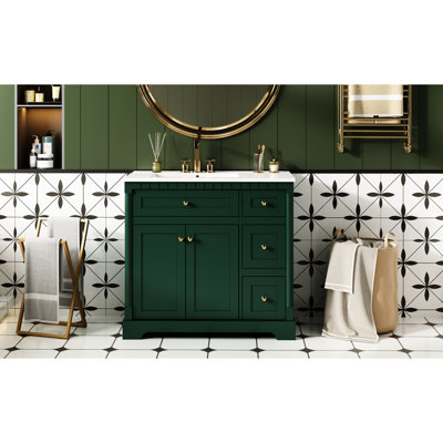 Meuble-lavabo de salle de bain moderne avec cadres semi-cylindriques, lavabo en céramique brillante et portes intelligentes de 36 po à fermeture en douceur rétro, rangement imperméable