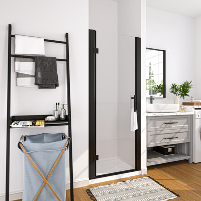 30'' W x 72'' H Frameless Hinged Shower Door with Clear Glass in Matte Black Finish