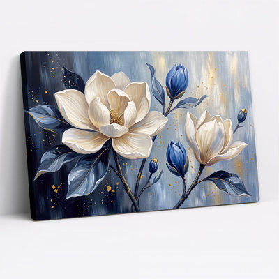 Art mural blanc avec fleurs de magnolia blanches et bourgeons bleus avec taches mouchetées dorées