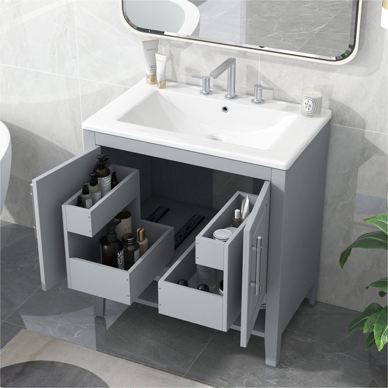 Meuble-lavabo 30 po avec lavabo, armoire de salle de bain multifonctionnelle avec portes et tiroirs, structure solide et panneau de fibres à densité moyenne