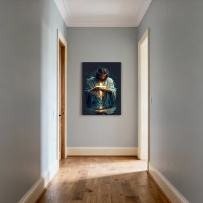 Jesus Christ With Crown Of Thorns Holding Cross In Water Canvas Wrapped Wall Art Oil Painting Print (Set Of 1)