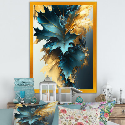 Abstrait bleu et feuilles d'or II - feuilles, art mural