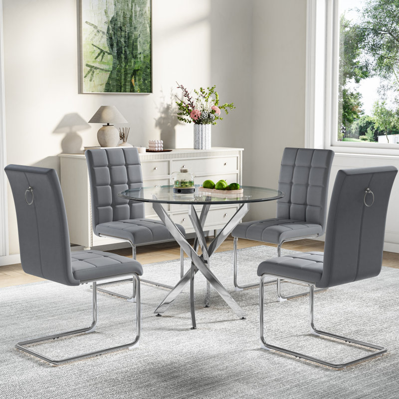 36" Round Glass Dining Table Set For 4,Modern Tempered Glass Tabletop With 4 PU Chairs For Kitchen Dining Room, Silver