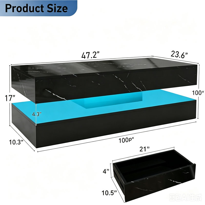 Table basse 47,3 po moderne à DEL ultrabrillante avec 2 tiroirs de rangement, lumière centrale RVB de contrôle APP, imperméable et résistante aux égratignures