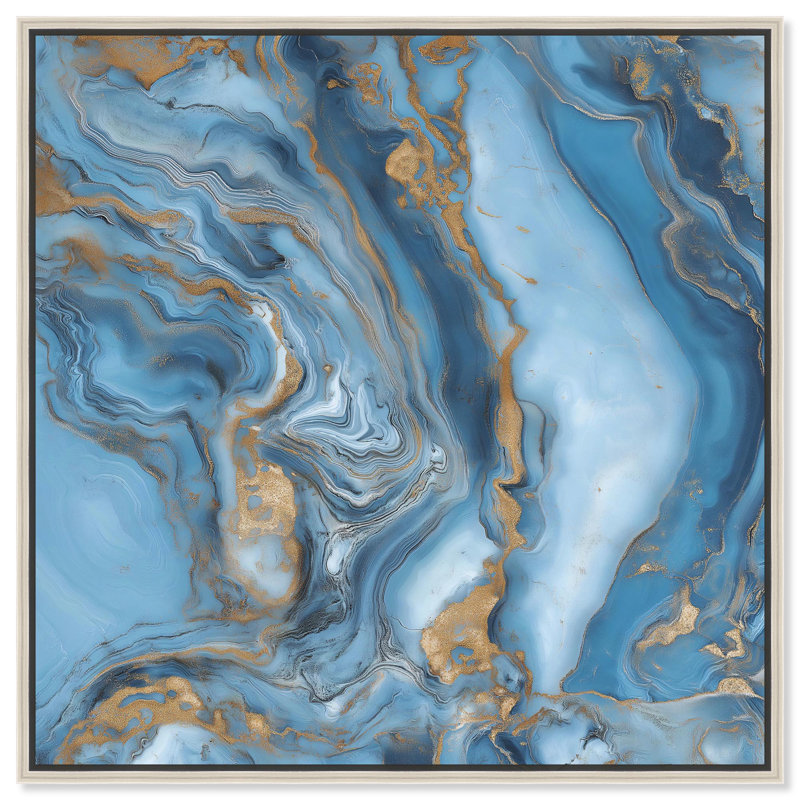 River Gold, toile abstraite bleue par Art , H 13 po x l 13 po, Argent argent, Cadre flottant
