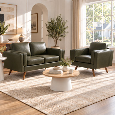 Mid-Century Modern 2-Piece Living Room Sofa Set, Includes Loveseat & Armchair, Tapered Wood Legs