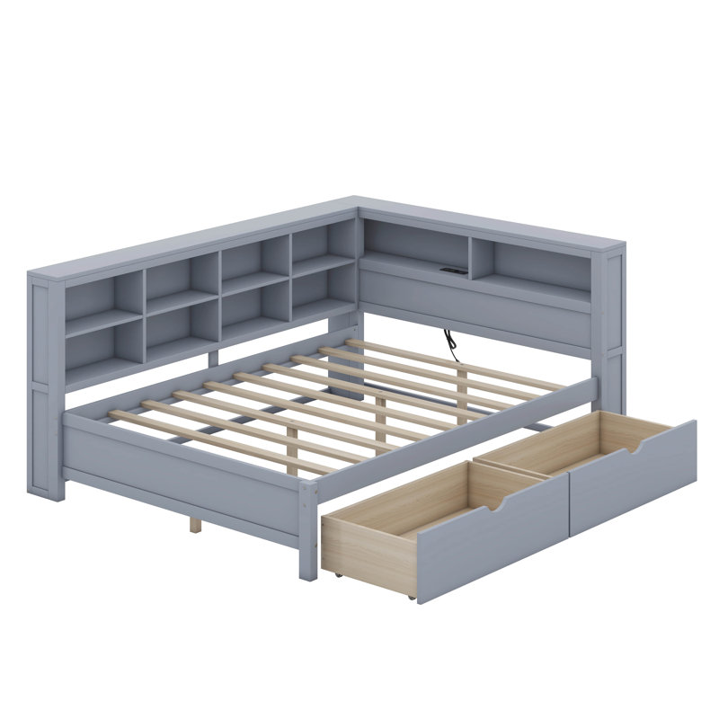 Lit de jour en bois avec 2 tiroirs, tablette et ports de chargement USB, Double, gris