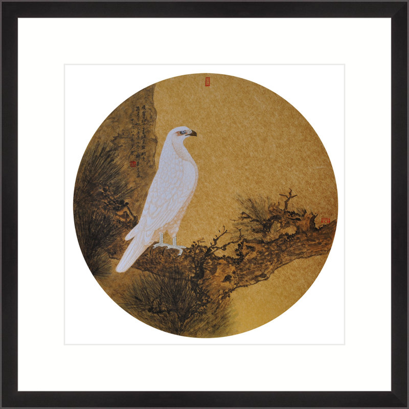 White Hawk on an Old Pine Tree by Ban Shan - Single Picture Frame Painting, Black