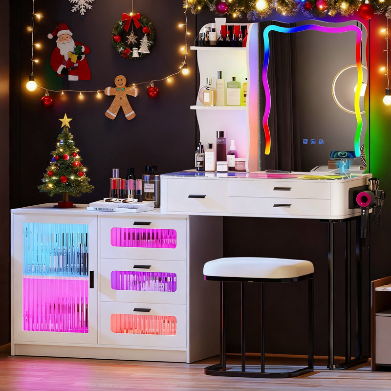 Makeup Vanity Table With Charging Station, Glass Top, Rgb Lights, 6 Drawer Dresser, Storage Cabinet, White
