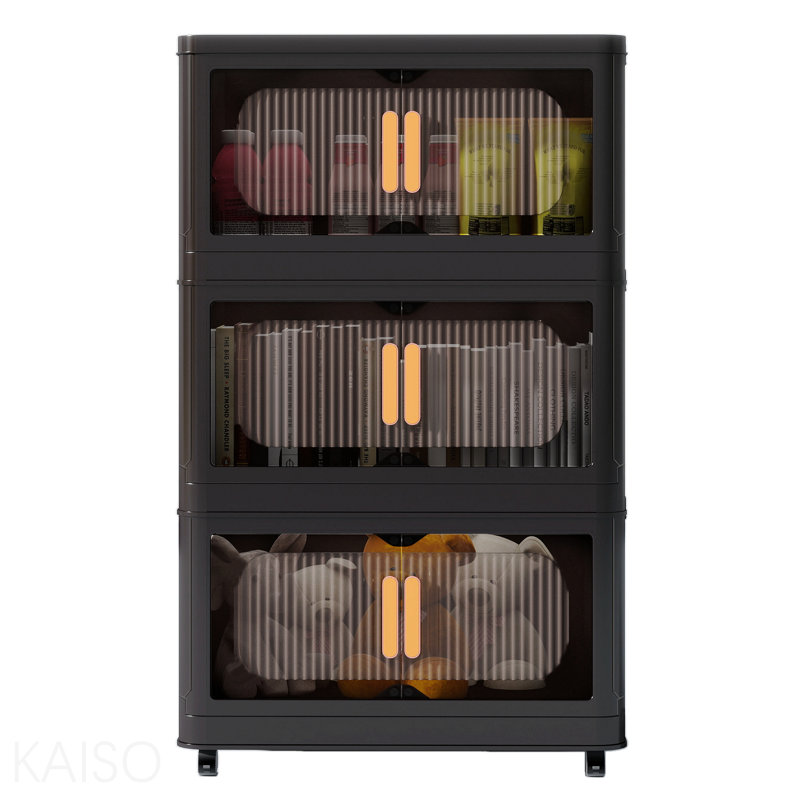 Black, 20" Side Wide Folding Storage Cabinet ,3 Tiers,19.69"×11.81"×31.10",Collapsible Storage Bins With Magnetic Door, Plastic Storage Cabinet With Wheels