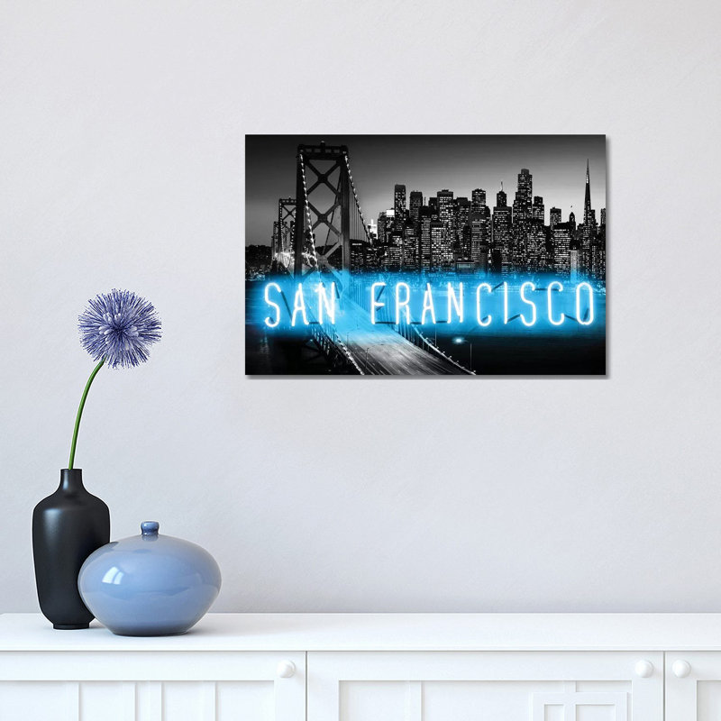 Neon San Francisco Aqua on Black 1 Piece Wrapped Canvas Wall Art, 30.48 cm H x 45.72 cm W