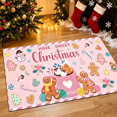 Non-Slip Indoor Outdoor Christmas Door Mat, 16"x24",Pink Sweet Christmas Art