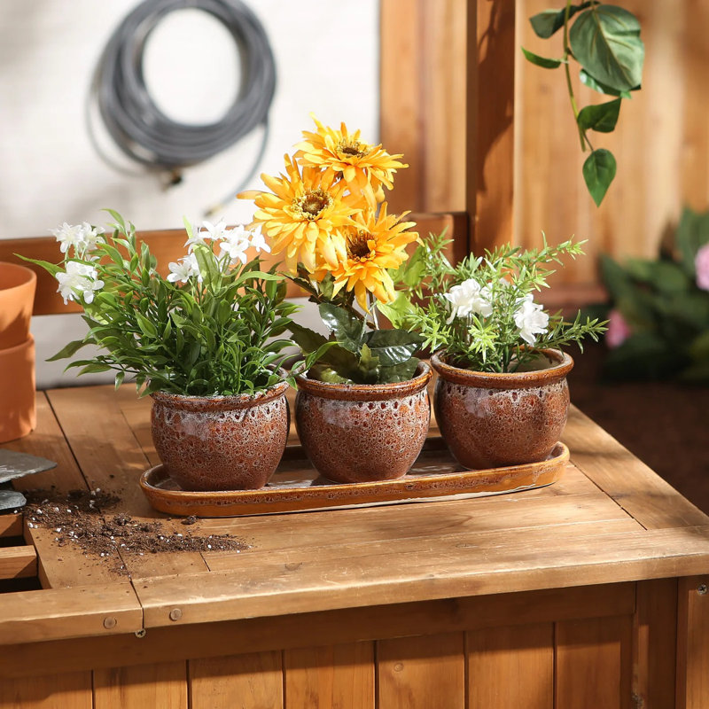 Ensemble de 3 pots à fleurs ronds en céramique brun | Plateau de fenêtre