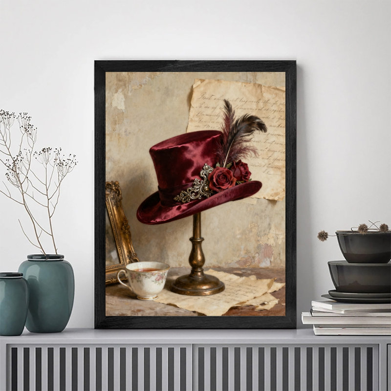 Art encadré noir, chapeau rouge rétro, impression de réalisme élégant, H 17 po x l 13 po