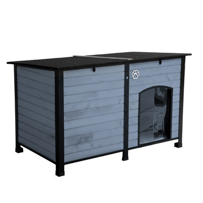 Outdoor Dog House, Extra Large Wooden Dog House With Anti Bite Iron Frame Weatherproof Finish Outside Paw Print Dog House For Large And Medium Dogs