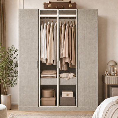 Stylish Wardrobe with Glass Display & Fabric-Textured Doors | LED Lighting, Jewelry Drawer & Anti-Tip Safety