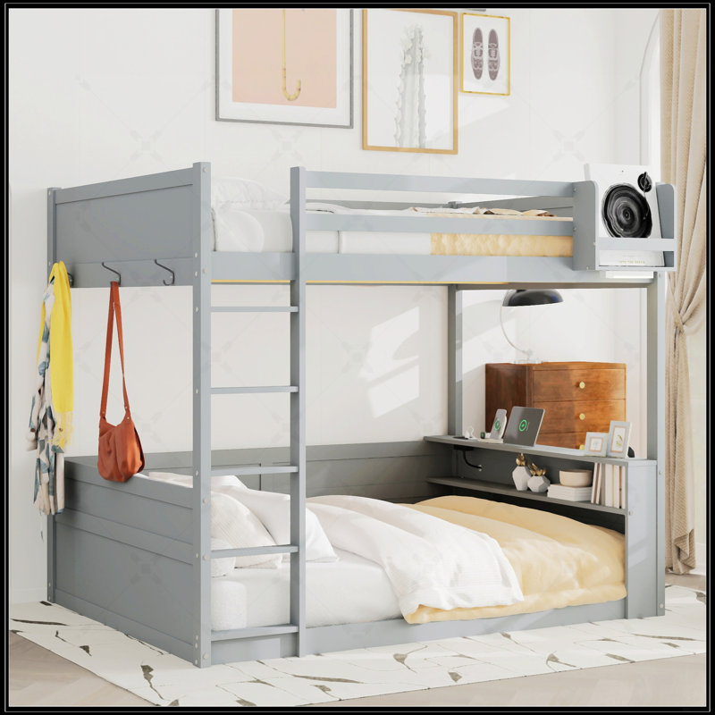 Grand lit superposé en bois avec tablettes intégrées, rangement, lumière DEL et station de charge USB, gris
