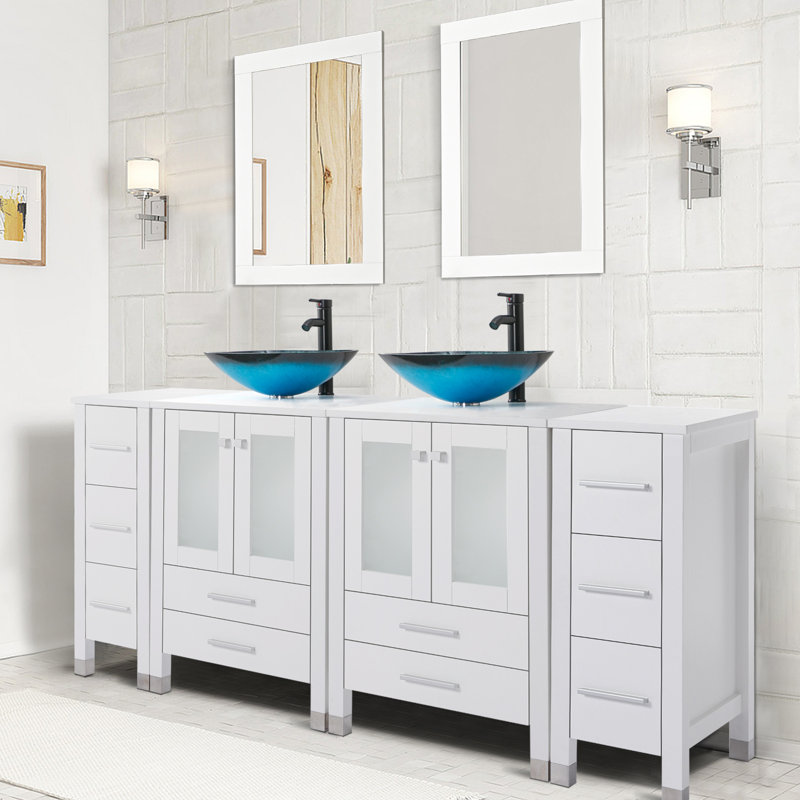 Ensemble de meuble-lavabo double 72 po avec plateau en bois, lavabo vasque, robinet en alliage de zinc et pieds en bois massif Gizzel
