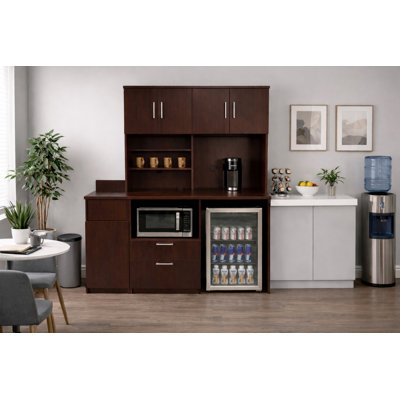 Office Breakroom Refreshment Cabinet with Microwave Shelf, Mini Fridge Opening & Trash Bin – Fully Assembled Commercial Coffee Station Hutch – 66" W x 24" D x 75" H