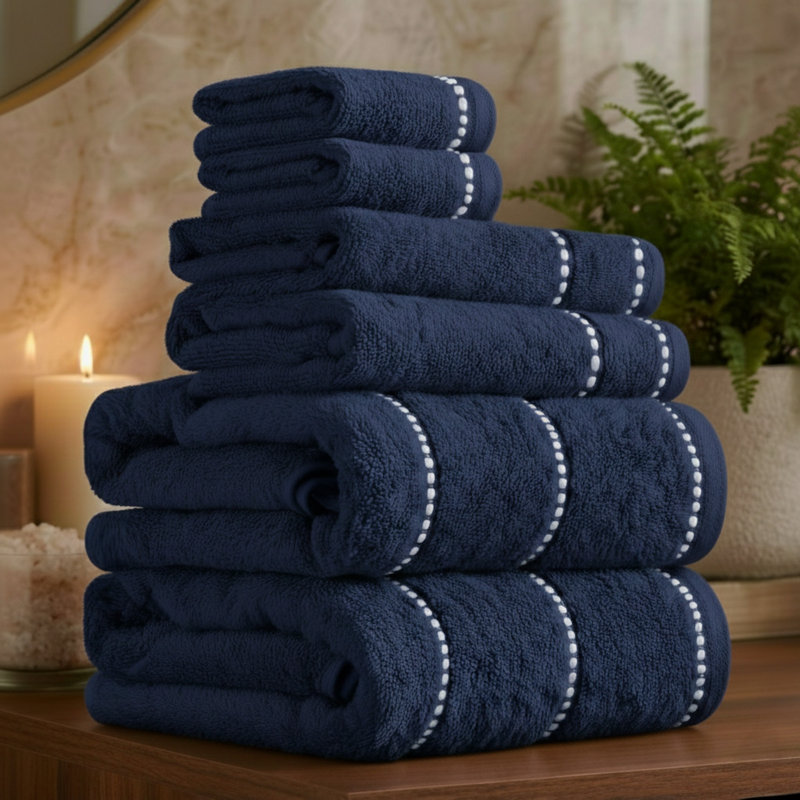 Lavish Home 6 Piece Bathroom Towels Set - 525GSM 100% Cotton Bathroom Essentials - 2 Bath Sheets, 2 Hand Towels, and 2 Wash Cloths for Bath, Shower, Gym, Spa, and Dorm Room (Navy / White)