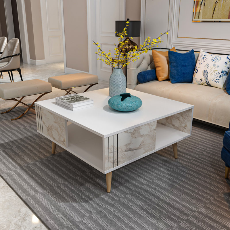 Table basse avec rangement Aidtya, Marbre blanc