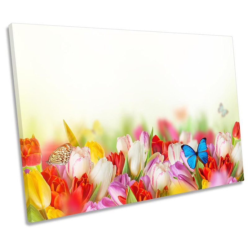 Tulip Flowers Butterfly - Wrapped Canvas Print, 81.3cm H x 121.9cm W x 4cm D