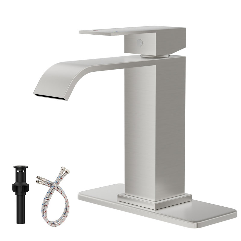 Robinet de salle de bain à simple arche à poignée simple avec drain escamotable en nickel brossé Waterfall, Nickel brossé
