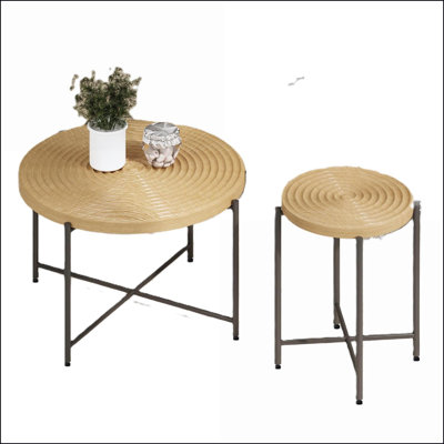 2-Piece Dark Walnut Coffee &amp; End Table Set – Radial Design, Durable MDF/PVC for Living Room Spaces
