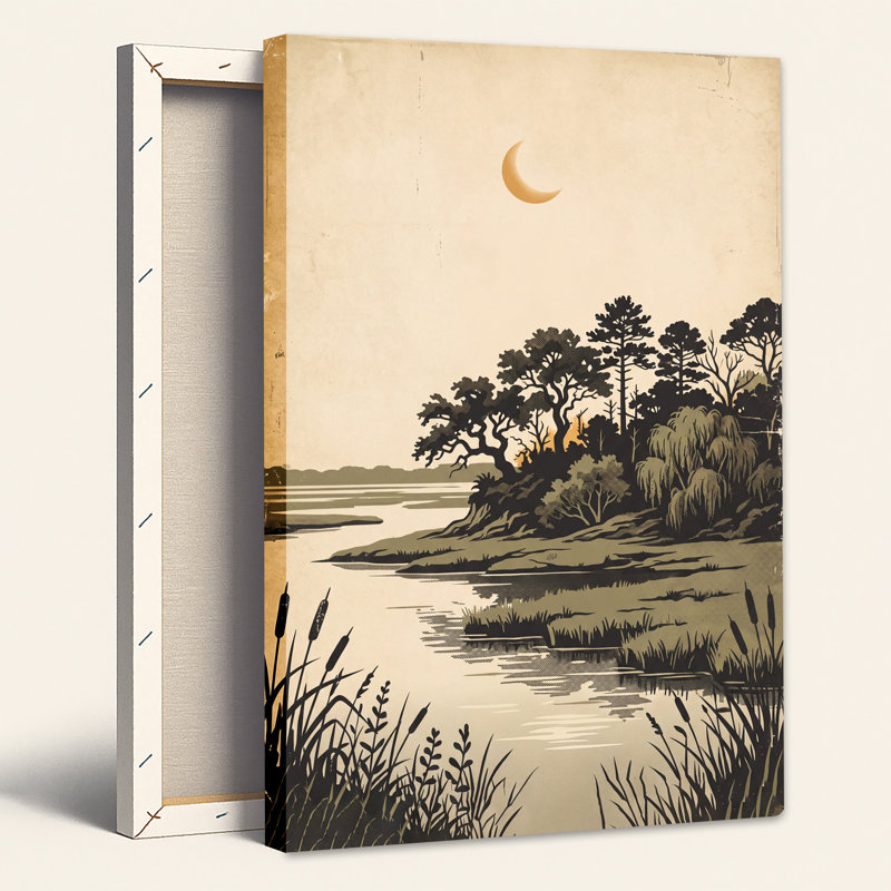 «River Trees and Crescent Moon», art mural sur toile demi-teinte rétro, H 18 po x l 12 po