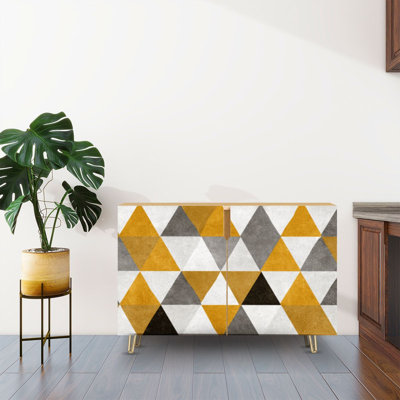 Sideboard Buffet Cabinet with Storage Abstract retro geometric shapes Colorful yellow grey black white with 2 Doors for Living Room and Kitchen