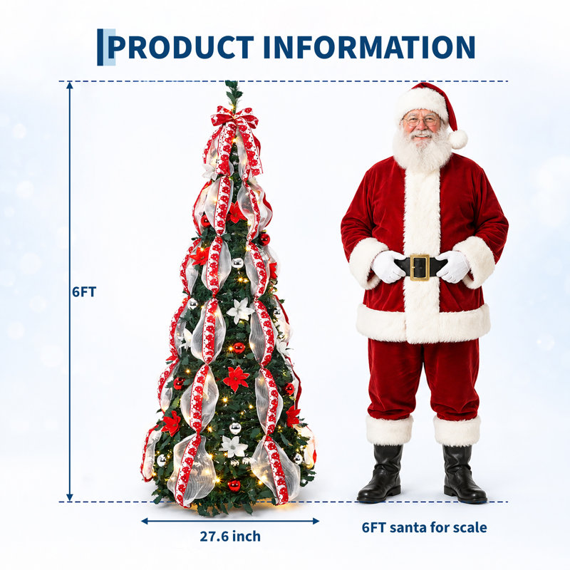 Sapin de Noël artificiel pliable pré-illuminé de 1,80 m avec 200 lumières DEL blanc chaud et décorations rouges et argentées