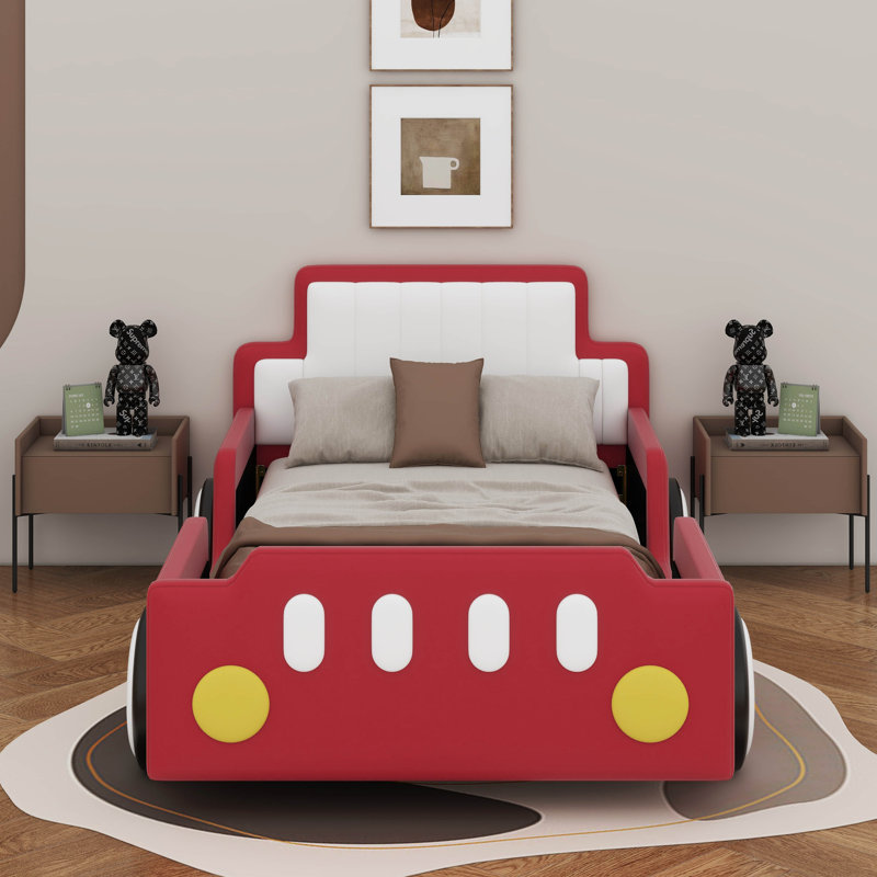 Lit plateforme simple en forme de voiture avec roulettes, Rouge