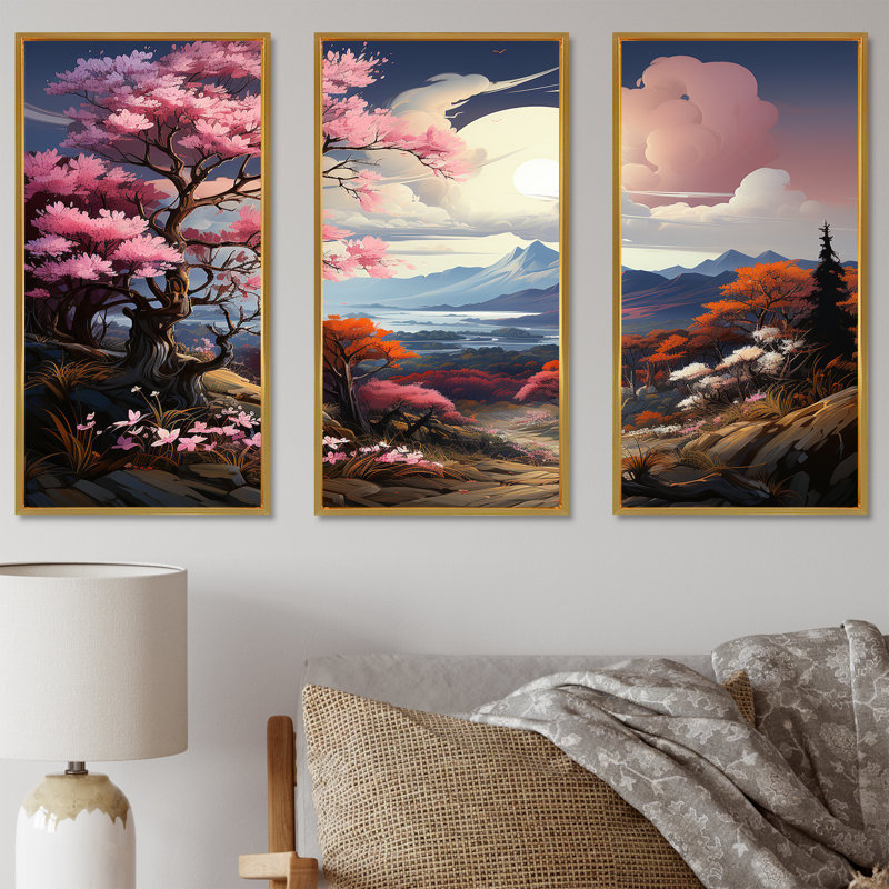 Arbre rose qui fleurit en montagne - ensemble de décoration murale arbre, Cadre flottant doré, H 32 po x l 48 po x P 1 po