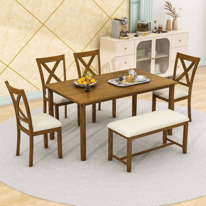 Ensemble de salle à manger 6 pièces Hayleah, table de salle à manger rectangulaire, chaises rembourrées et banc