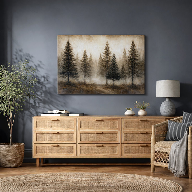 Œuvre de pin rétro vintage, paysage de forêt rustique, salon, impression sur toile encadrée, H 24 po x l 36 po x P 1,5 po