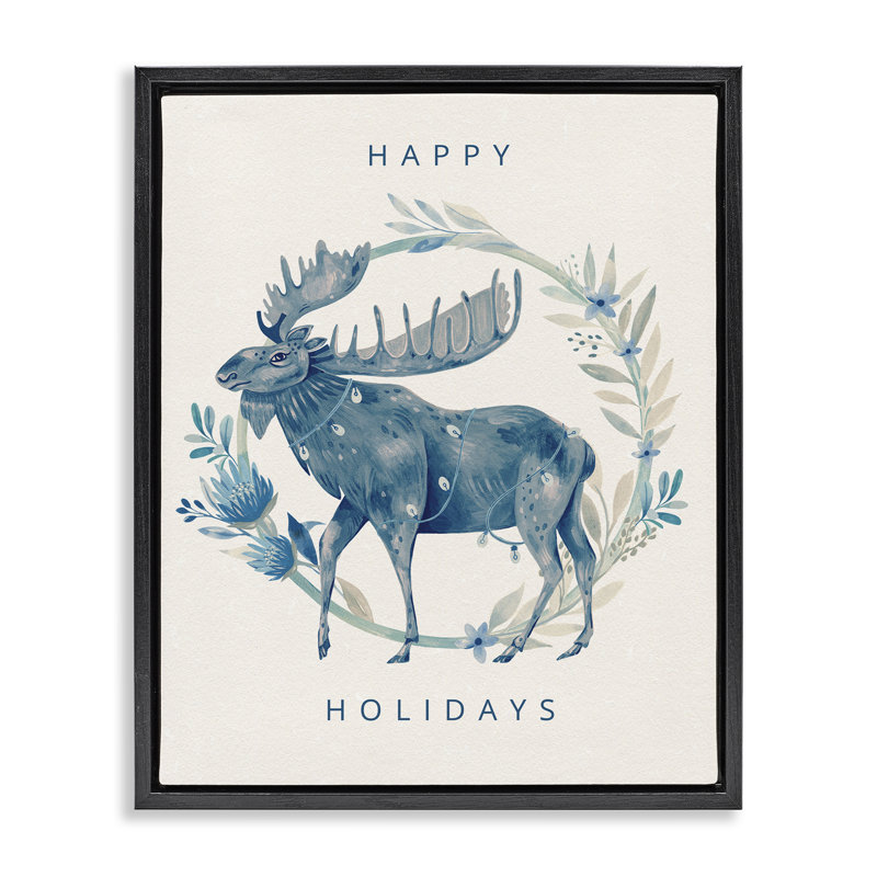 «Holiday Greeting with Moose», art mural encadré sur toile flottante, design par Grace Andersson, Cadre flottant noir de jais
