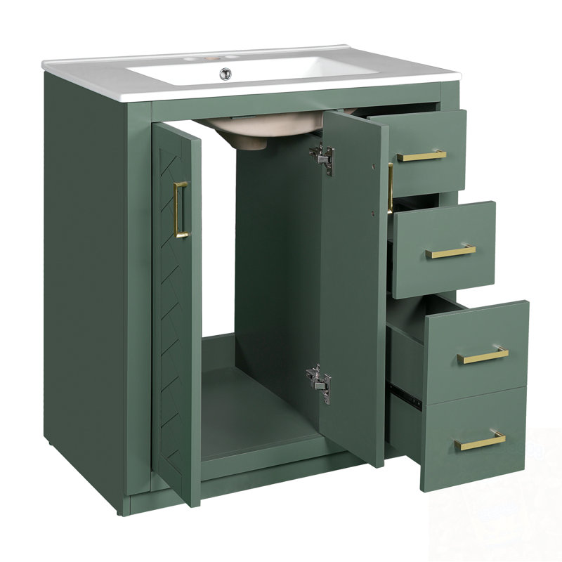 Meuble-lavabo de salle de bain avec lavabo en céramique, 3 tiroirs et portes à fermeture douce, Vert