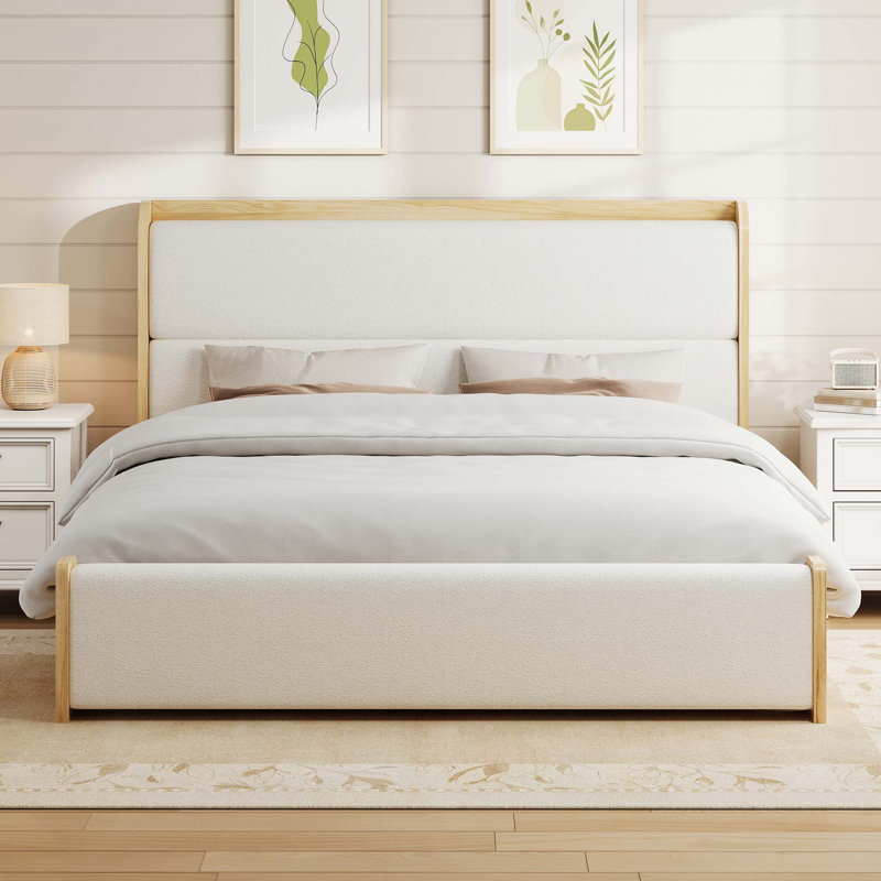 Cadre de lit plateforme king en bois massif avec tête et pied de lit capitonnés bouclés, Bois