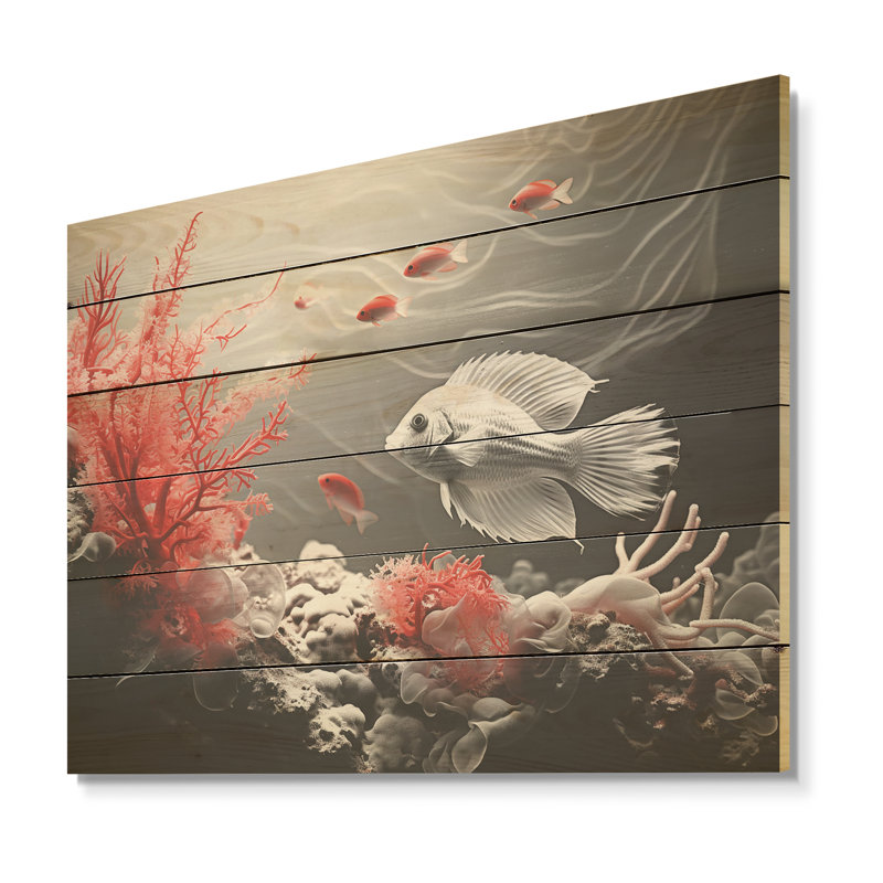Monogramme rouge et gris de poissons rampants - corail côtier sous l'eau, art mural sur bois de pin naturel