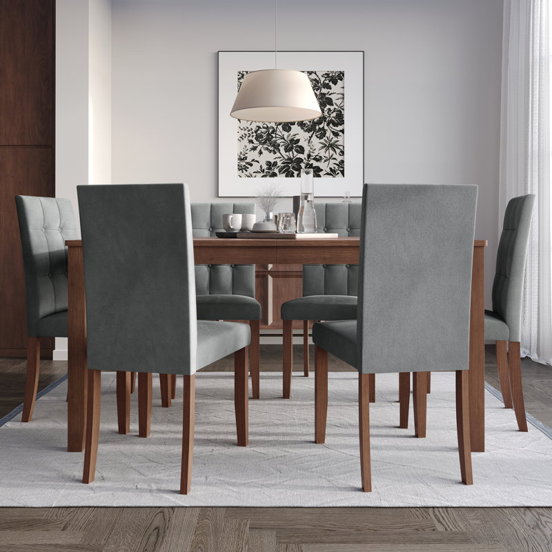 Dining Set With 59'' L Dining Table And Wooden Dining Chair, Grey, 7 Pieces: Table, 6 Chairs