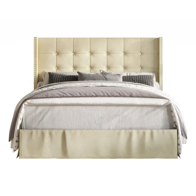 Lit plateforme tapissier Aliviana, Beige, Grand